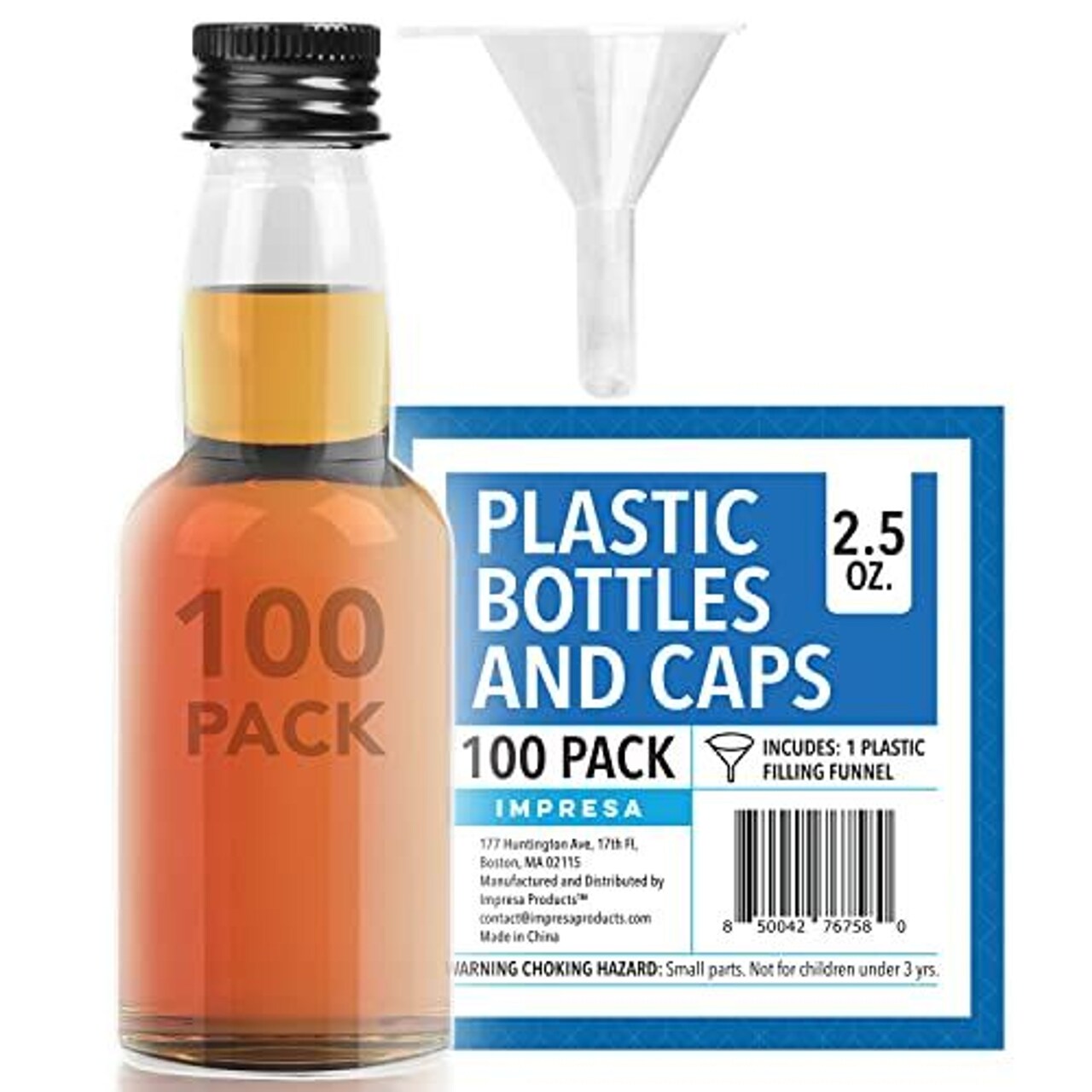 IMPRESA 100 Pack 2.5oz Mini Plastic Liquor Bottles Bulk for Any Spirit - Easy Clean No Leak Shot Bottles with Caps